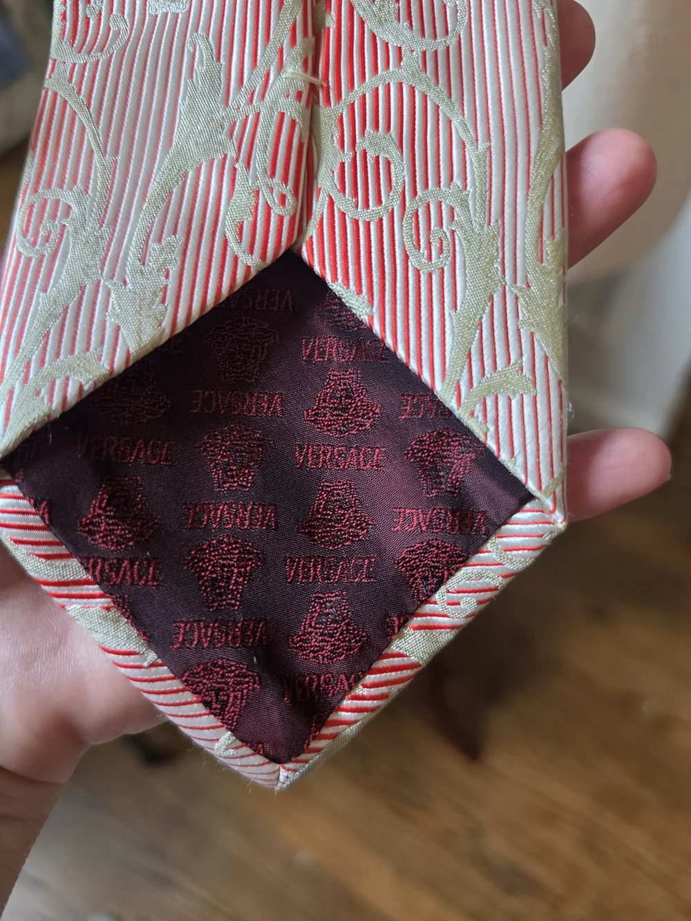 Vintage Versace Coral and Light Green Floral Jacquard Silk Tie